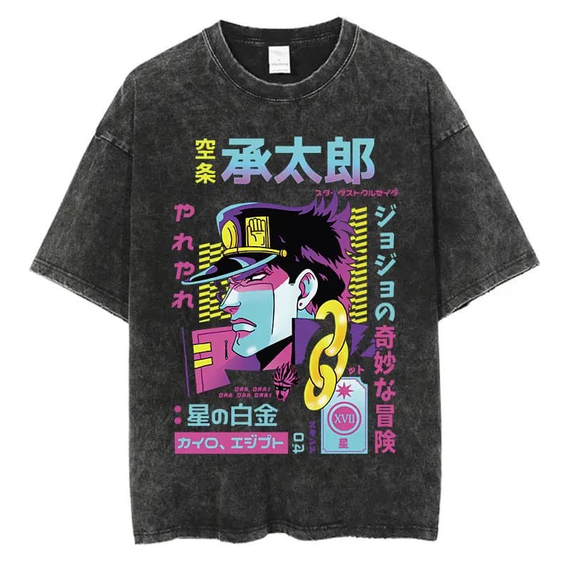 Cross-Border EU Size Vintage Washed T-Shirt Men Summer Hip-Hop Street Style Short Sleeve JoJo's Bizarre Adventure Anime Print