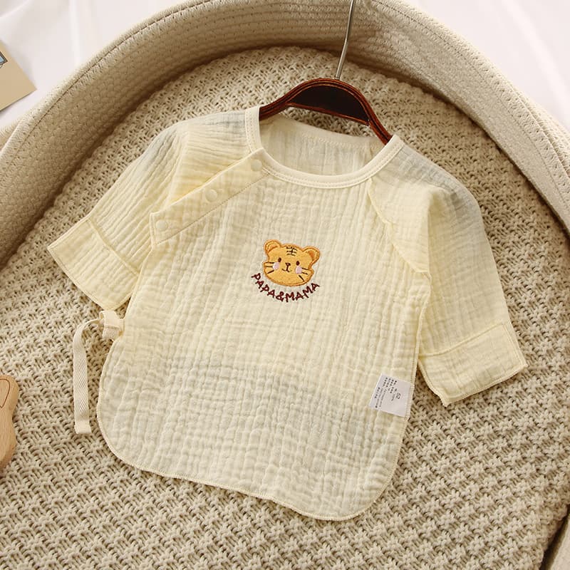 I papa&mama Newborn Cotton Gauze Summer Half-Back Top Long-Sleeve Bodysuit for Baby Boys and Girls