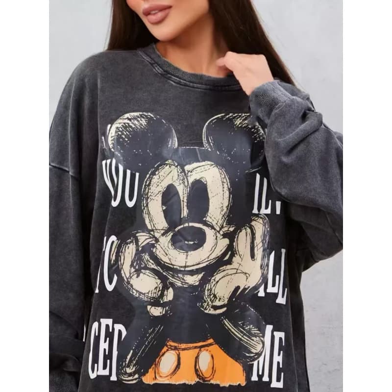 2024 New American Vintage Washed Black Long Sleeve Fun Print Cotton T-Shirt with Cuffed Hem, Versatile and Loose Fit