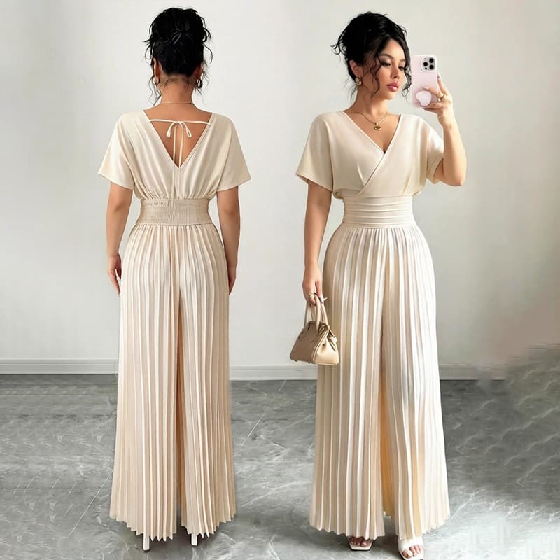 Foreign Trade Import & Export 2026 Commuter Style Fashion Elegant Solid Color V-Neck Short Sleeve Waist-Cinched Pleated Jumpsuit Pants for Women