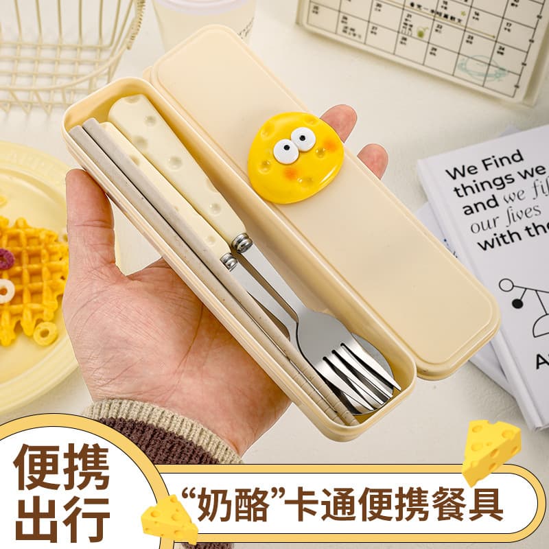 Wholesale Student Portable 3-Piece Cutlery Set Korean Cheese Stainless Steel Spoon and Chopsticks Set High-Cute Cartoon Rice Spoon