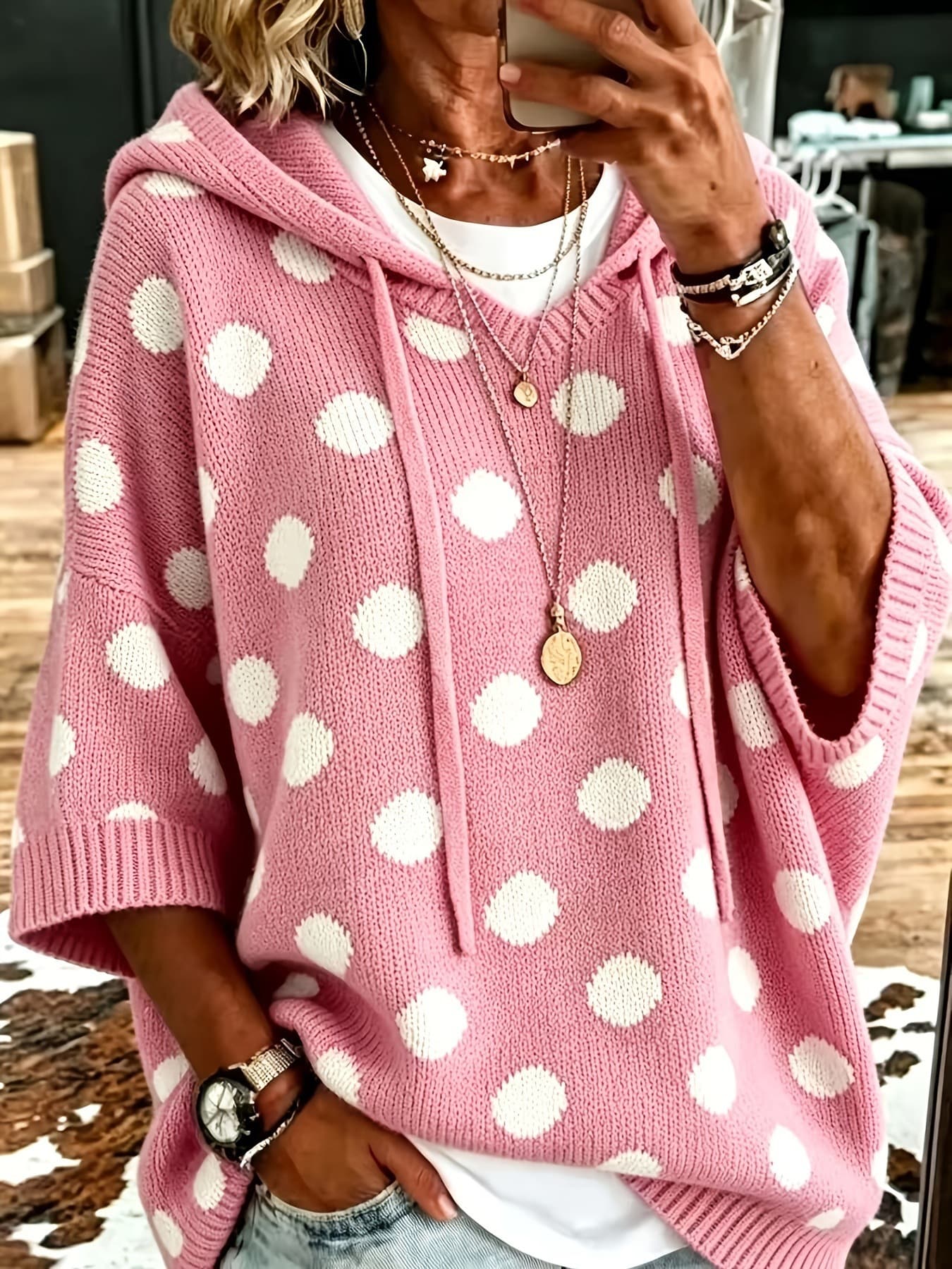 2026 cross-border new style elegant loose casual style hot selling polka dot hooded women's cardigan tops women's European and American clothing