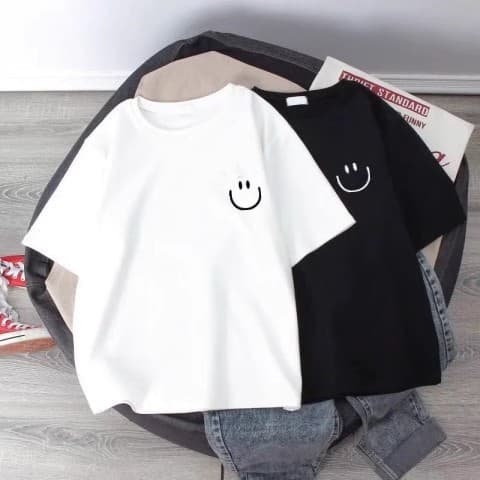 Summer Boys Girls White Cotton Short Sleeve T-Shirt, Simple Loose Smiley Face Kids Top for Middle and Older Children