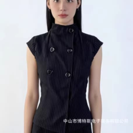 French Stripe Double-Breasted Stand Collar Commute Slim Fit Simple Elegant Outerwear Shirt Stand Collar Top