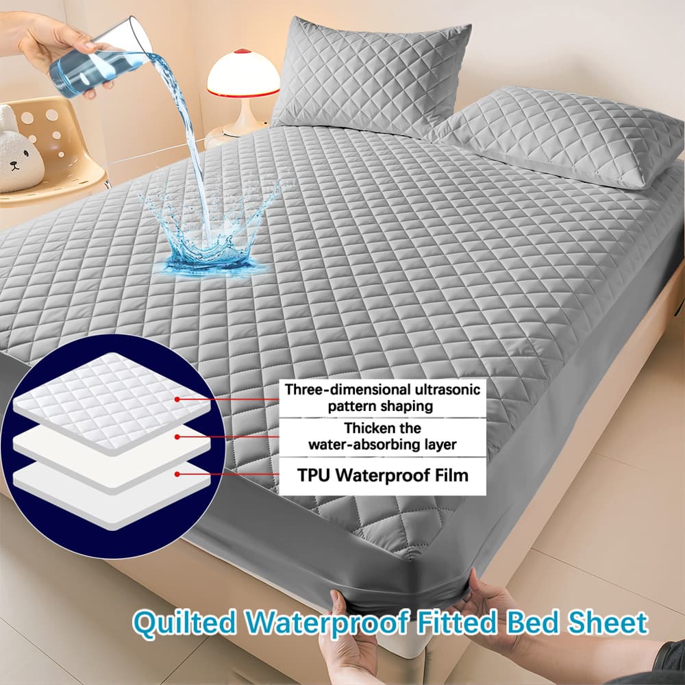 Cross-border Brushed Solid Waterproof Quilted Fitted Sheet, Skin-friendly Non-slip Mattress Protector, Full Wrap Dust-proof Mattress Cover