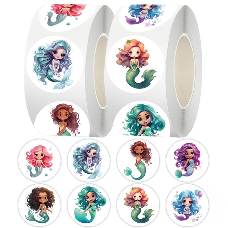 Cross-border 500 stickers/roll Mermaid sticker roll journal sealing sticker self-adhesive kiss-cut tape wholesale