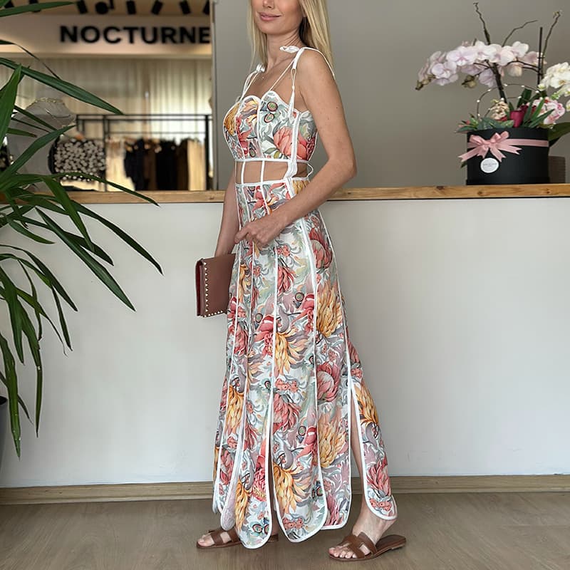 French Seaside Resort Sexy Style Long Dress 2026 New Halter Waist Hollow Fashion Print Halter Dress
