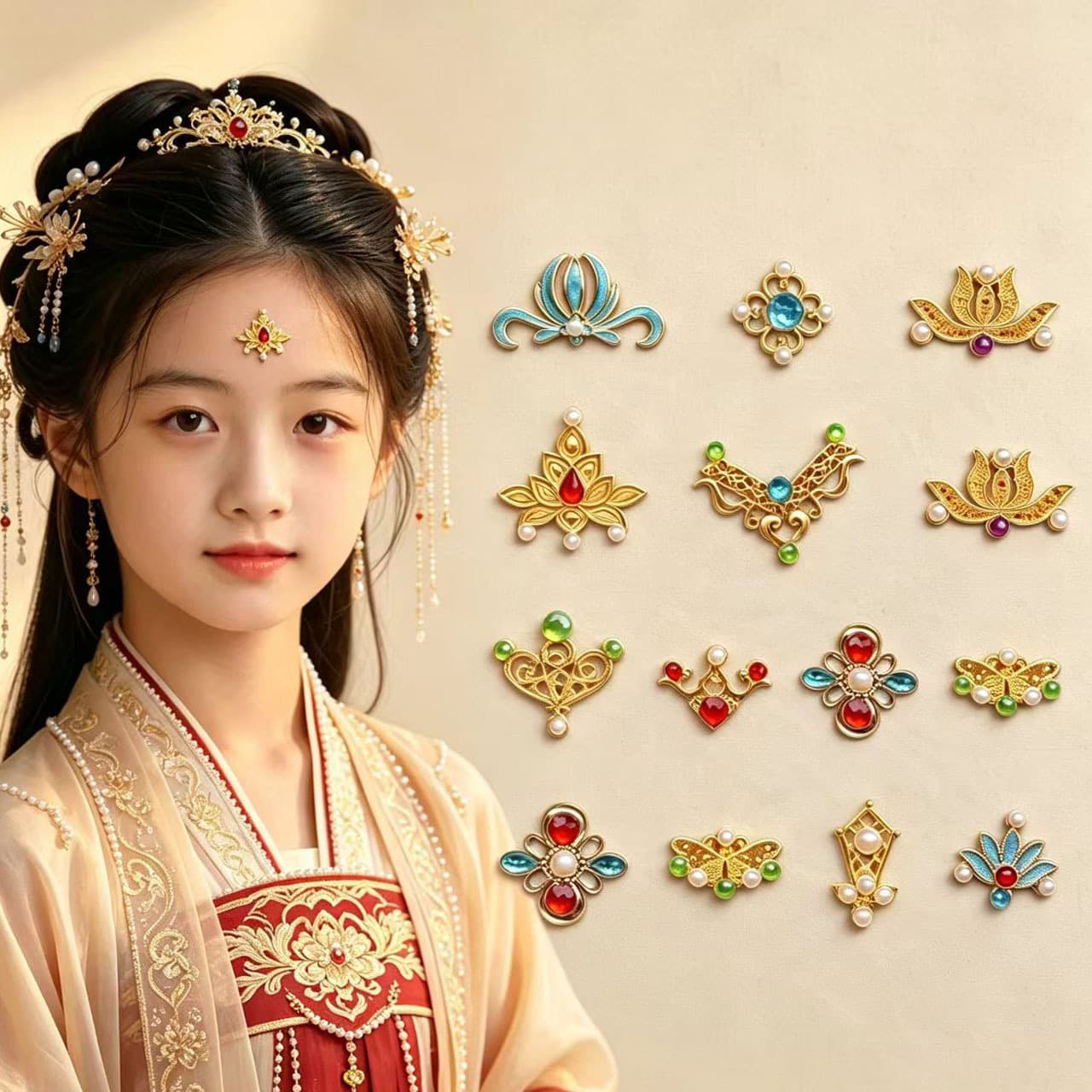 Tang-style Huadian Sticker, Ancient Style Decoration, Colorful Crystal Pearl Accessory, DIY Ancient Costume Accessory, Tang Suit, Hanfu