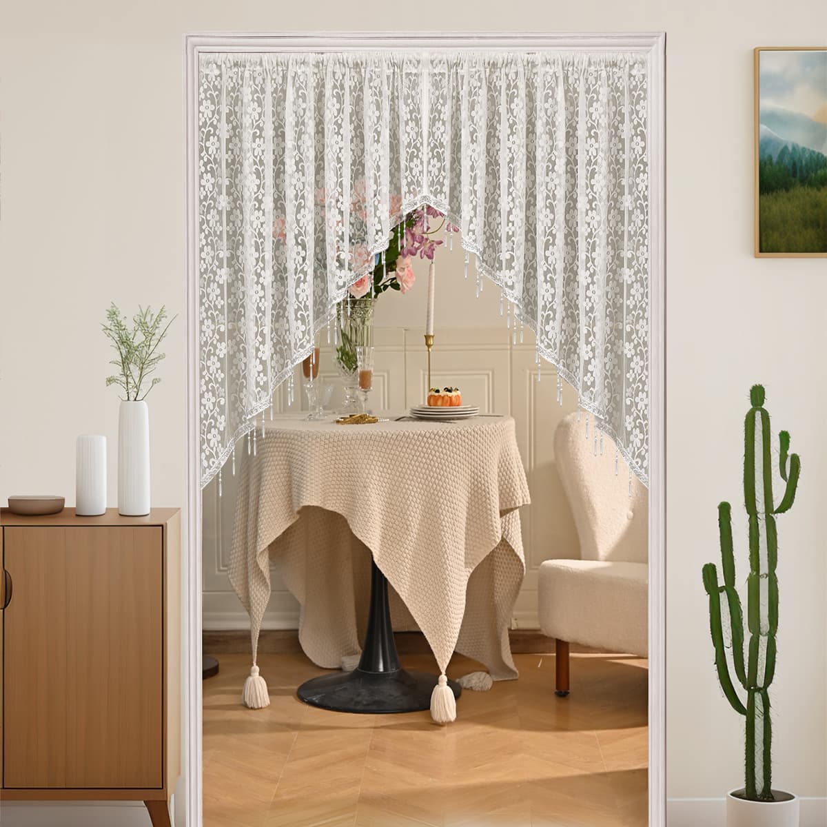 SHEIN Cross-Border Lace Vertical Rose Flower Bead Tube Triangular Curtain Sheer Window Curtain Rod Pocket Pleated 2pcs Curtain Door Curtain