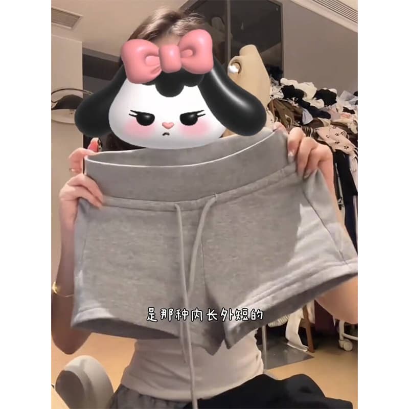 Women's Gray Stretch Athletic Shorts, Summer Hot Pants, Drawstring Casual Shorts, Low-Rise Straight-Leg Black Pants