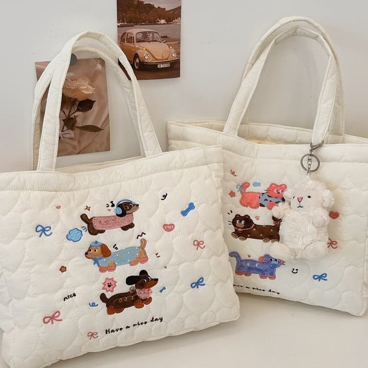 49243 Cute Cat Embroidery Handbag Korean Ins Quilted Tote Bag Women's Shopping Bag Mommy Bag