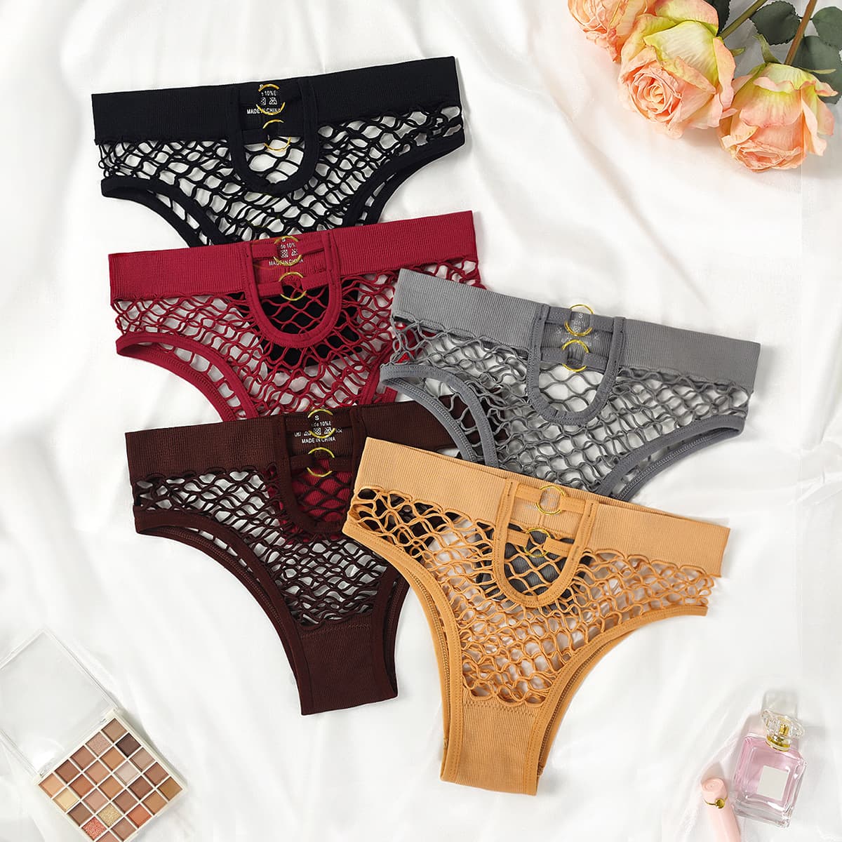 Women's Fishnet Hollow Double Ring Cotton Crotch Breathable Comfortable Shaping Panties - Amazon Export Stock