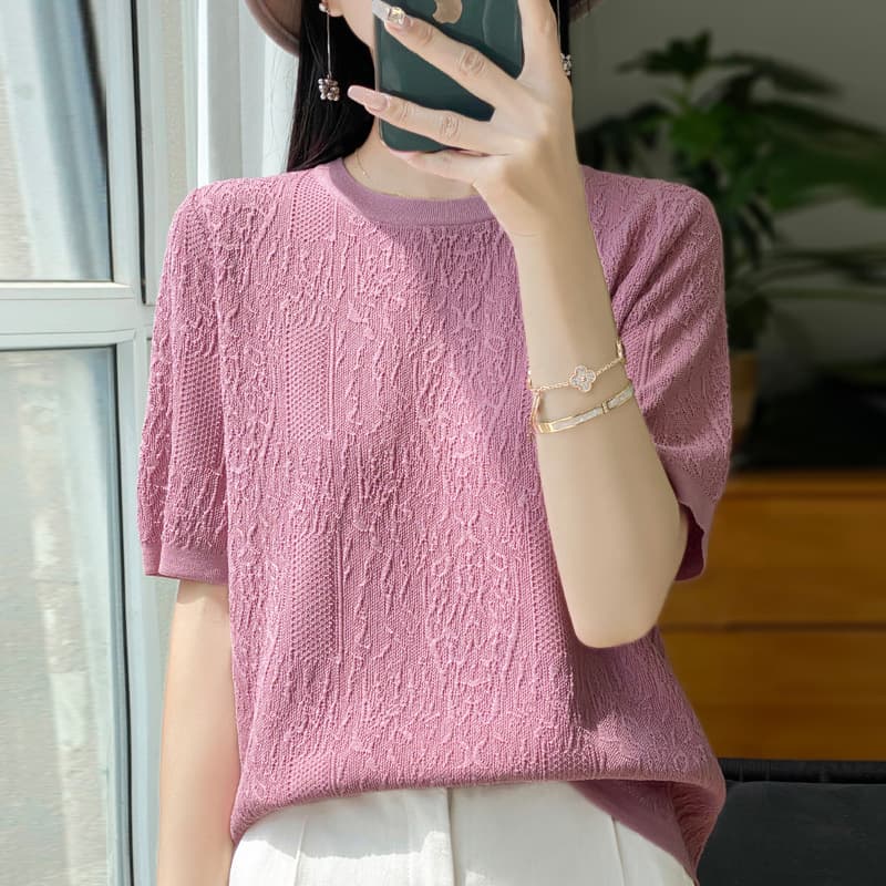 Round Neck Jacquard Knit Short-Sleeve Women's T-Shirt, Embossed Cool-Touch Knit T-Shirt for Women, Summer Ice Silk Short-Sleeve Top for Women with a High-End Feel