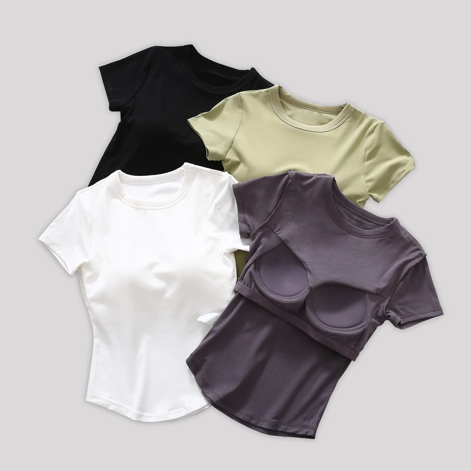 Spring/Summer Short Sleeve with Built-in Bra Pads Cup-Integrated Base Layer Ribbed T-Shirt Gather Fish Tail Inner Wear Outer Wear Half Sleeve