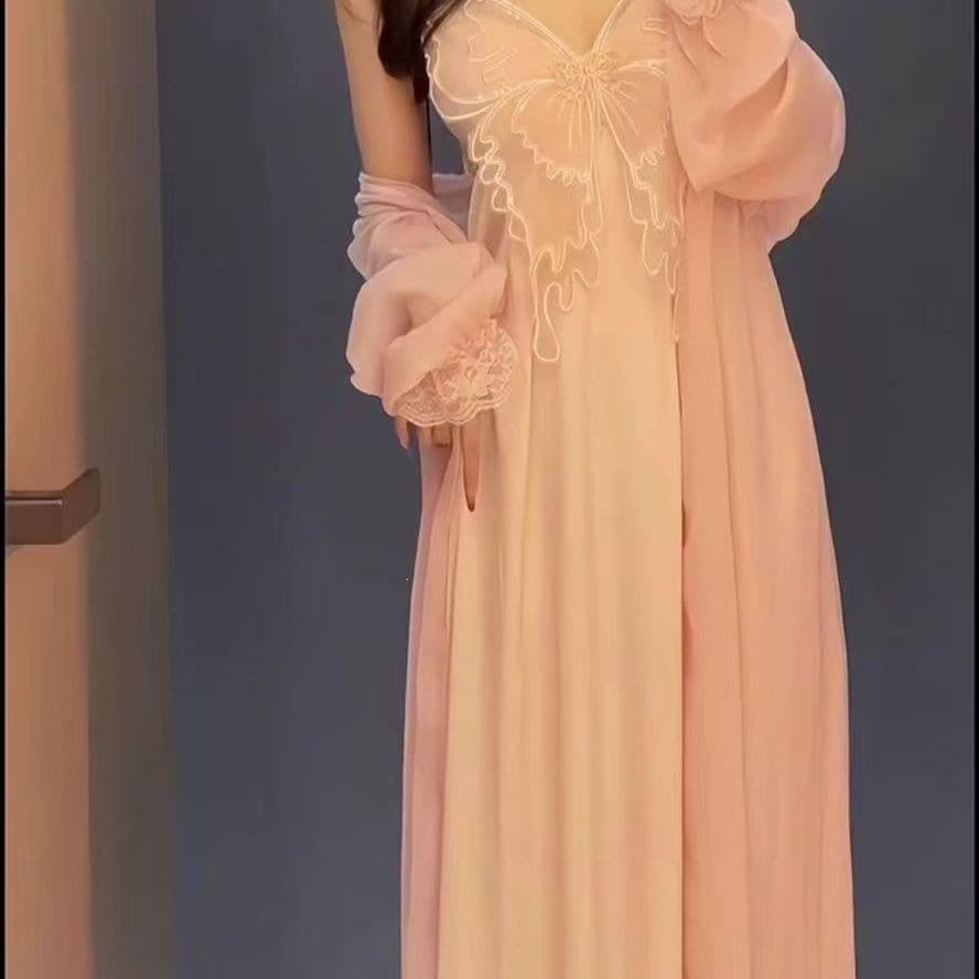 Fairy Bowknot Long Strap Slip Dress Sexy Nightwear Summer New Collection with Padded Bust Lingerie Set