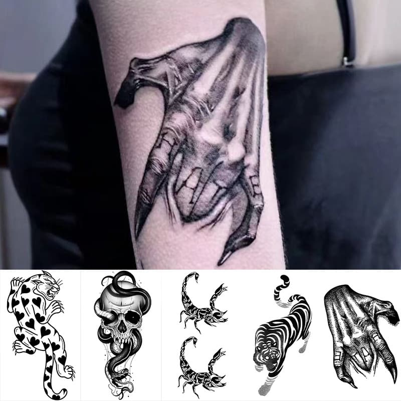 New Cross-Border High-Fashion Dark Style Edgy Skull Leopard Scorpion Wings Temporary Tattoo Stickers