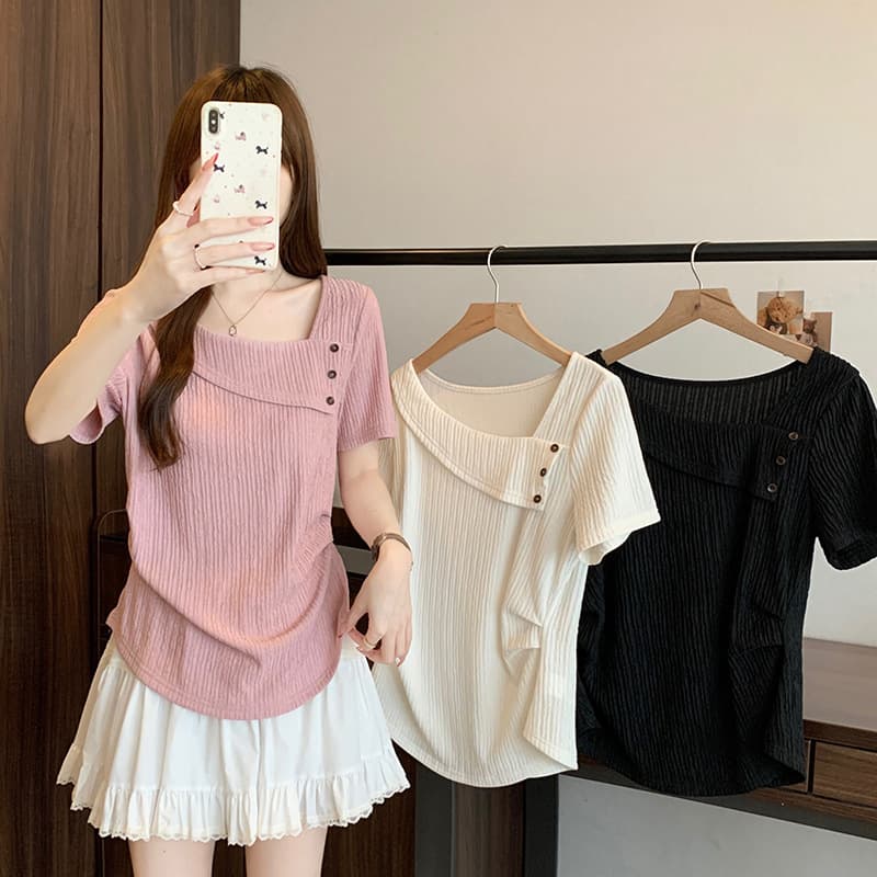 2026 Summer New Plus Size Women Sweet Slanted Neck Waist Slimming Curved Short Sleeve T-Shirt