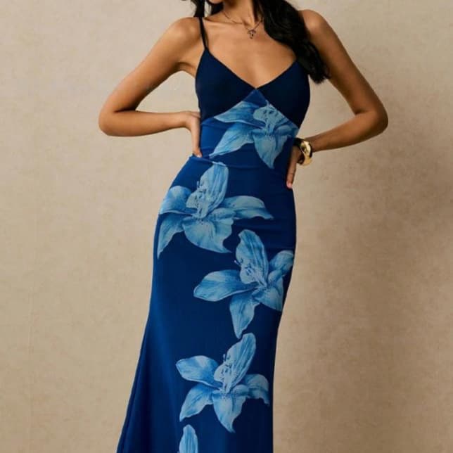 French V-Neck Fishtail Lily Print Waist-Cinching Slimming Sexy Elegant High-End Gown Long Evening Dress