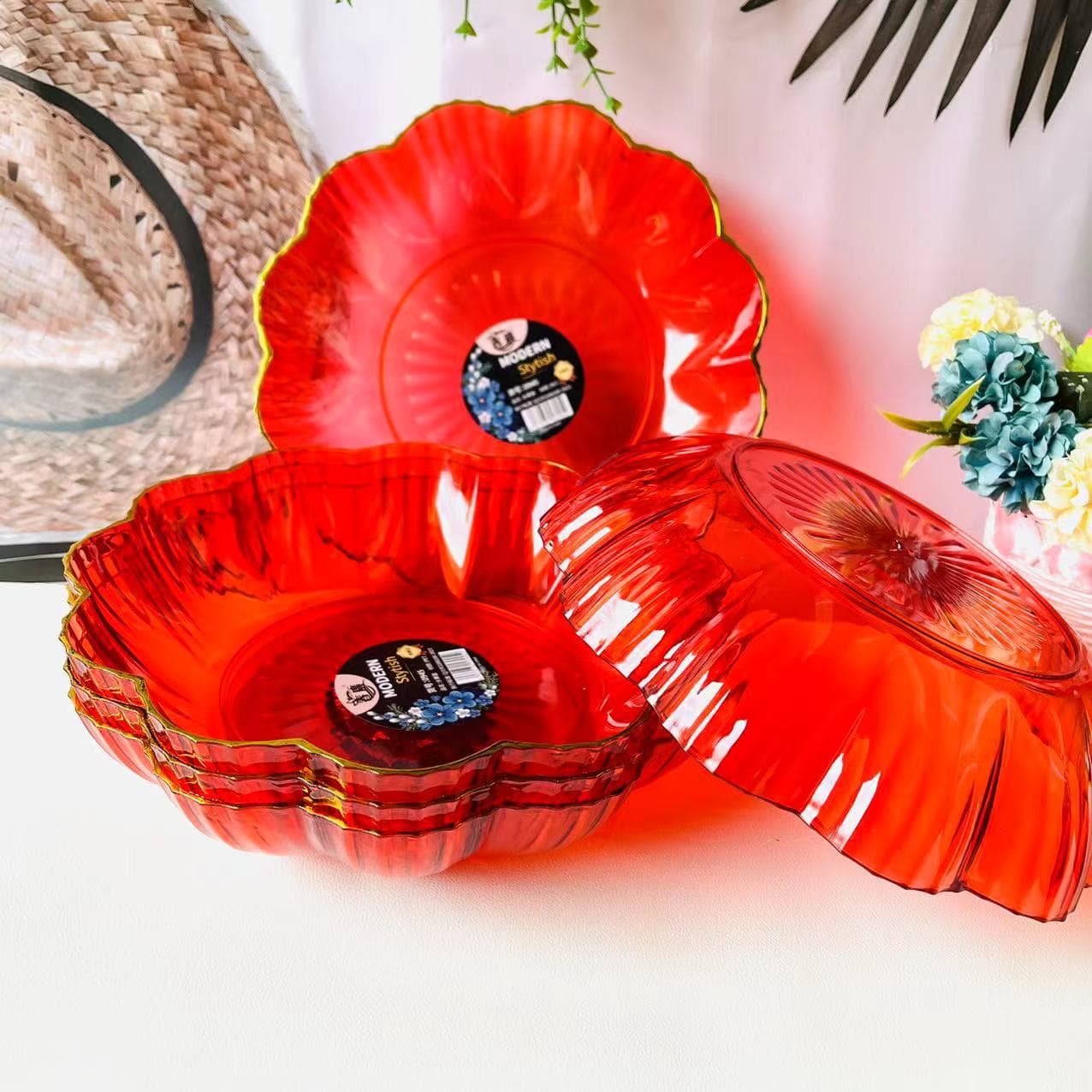 0945 Gold-rimmed Fruit Plate, Wedding and Housewarming Tray, Fruit and Nut Celebration Plate, Chinese-style Floral Edge Red Plate, Home Use, $2 Wholesale