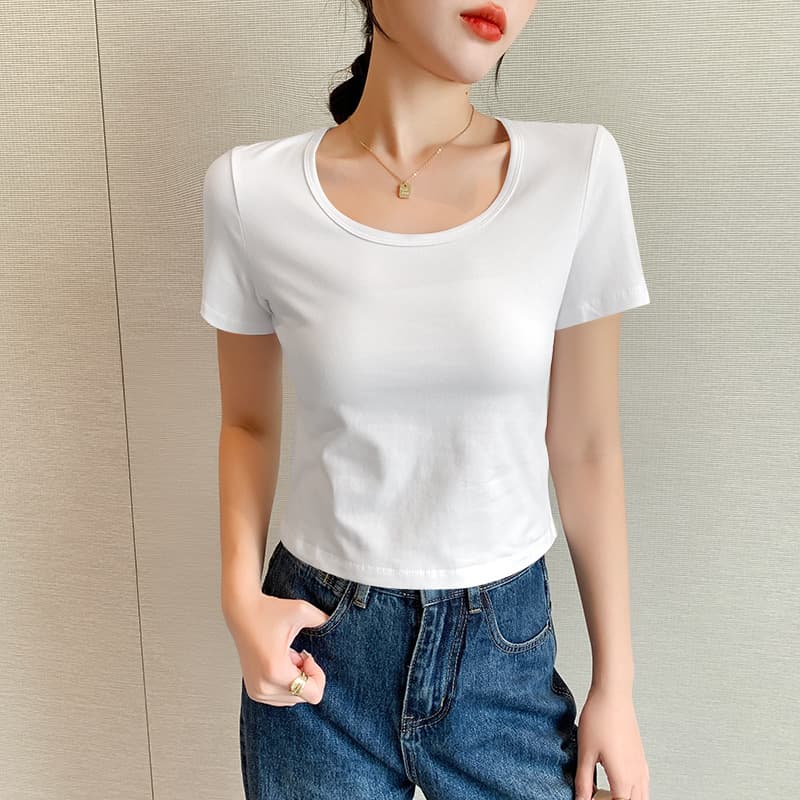 Women's Crew Neck Short Sleeve T-Shirt Cotton Round Neck Cropped Slim Fit Summer New Arrival Top Smooths Your Silhouette