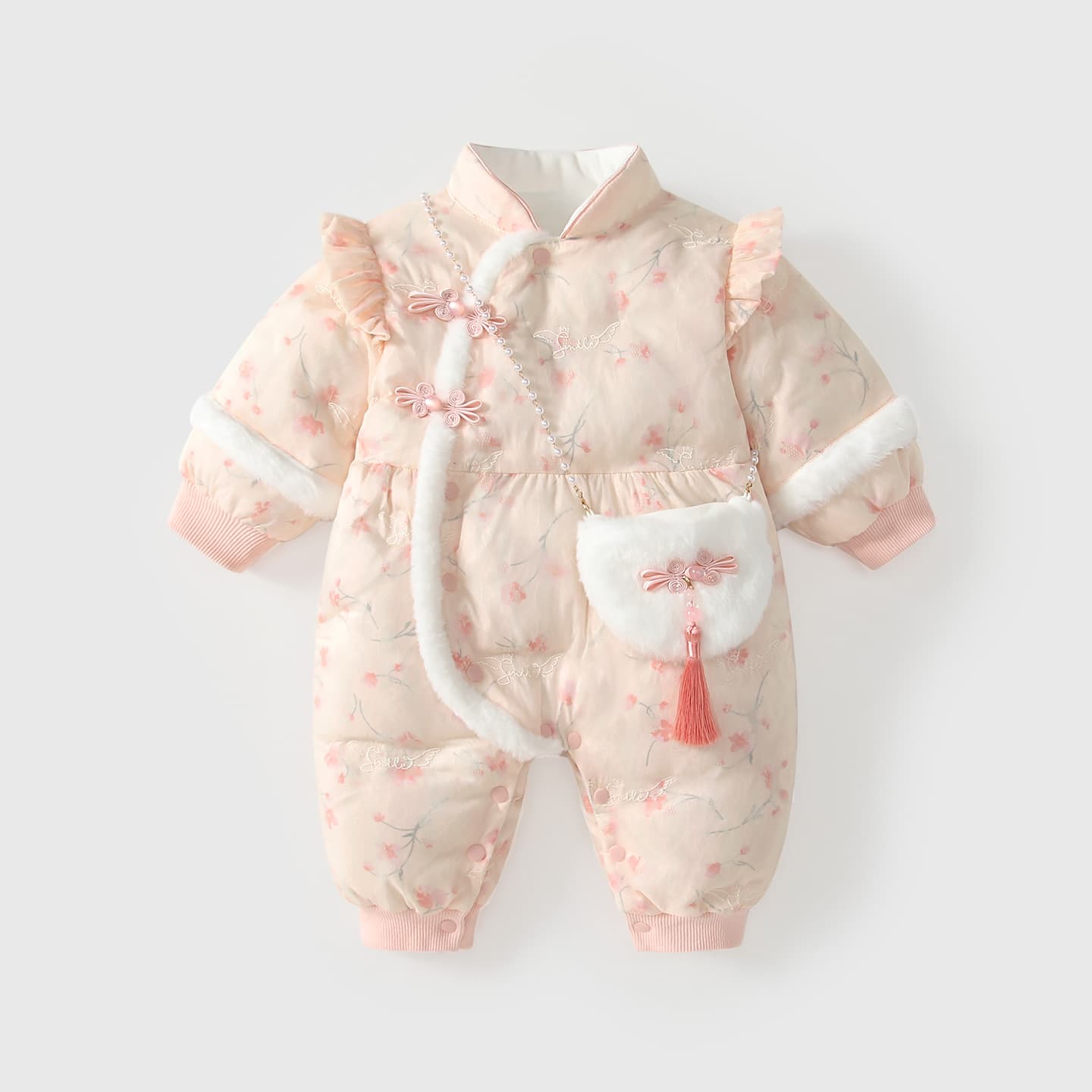 Baby Clothes Winter Outfit for Girls, Romper Cotton-Padded Jacket, Winter Quilted Fleece-Lined Thickened Chinese Style, 100-Day and First Birthday Formal Outfit