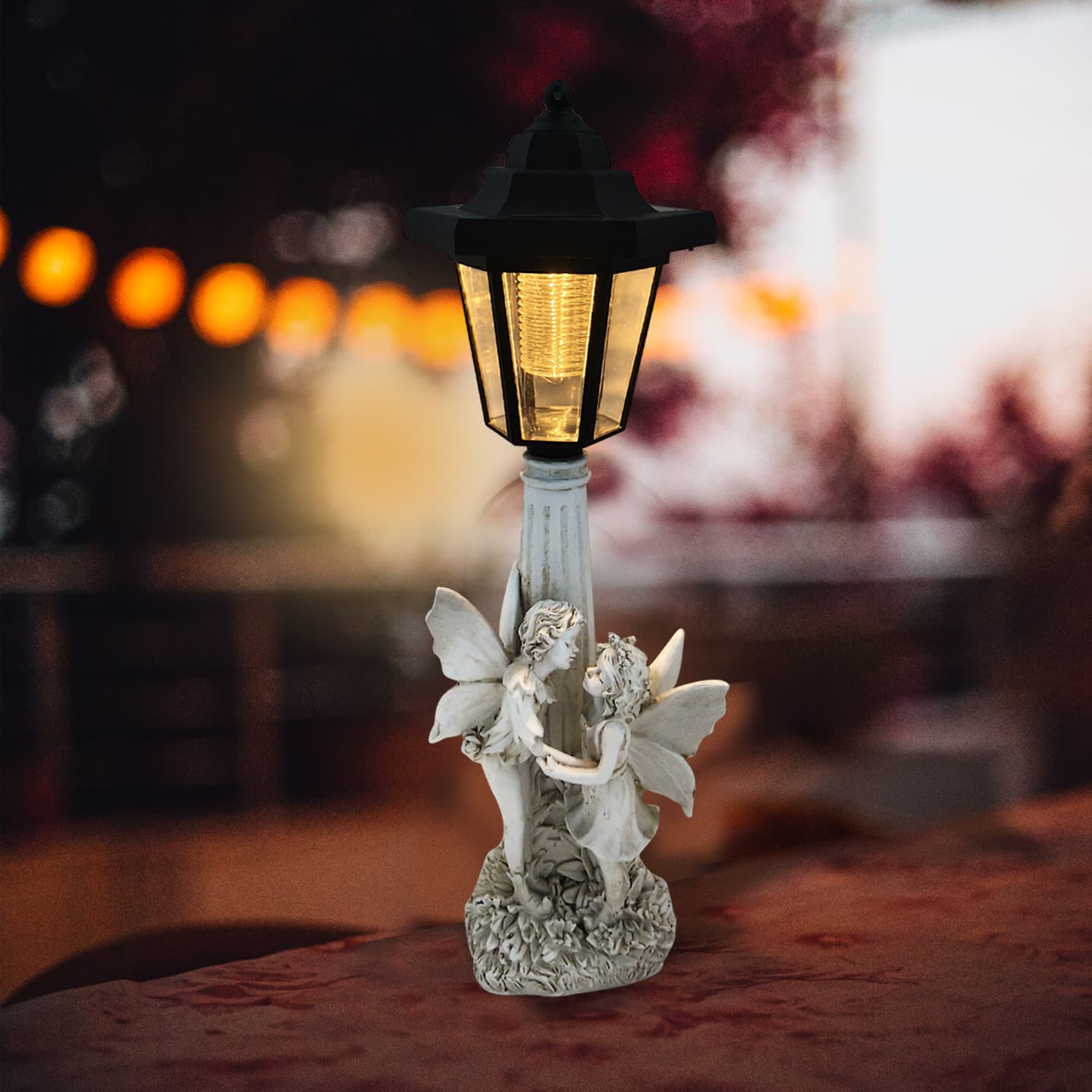 Solar Garden Resin Hexagonal Lamp with Double Angel Roman Pillar, Outdoor Villa Decorative Lawn Light