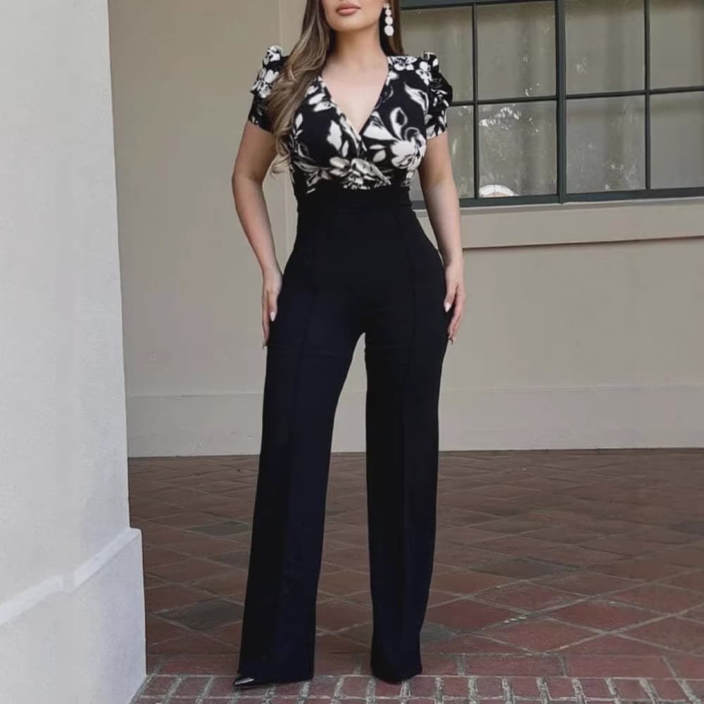 European and American AliExpress Fashion Casual Slim Fit Print Top High-Waist Wide-Leg Retro Jumpsuit Summer Women