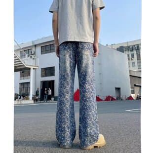 2026 New American High-End Rhinestone Jeans for Men, Loose Straight Wide Leg, High Street Rogue Style Washed Jeans
