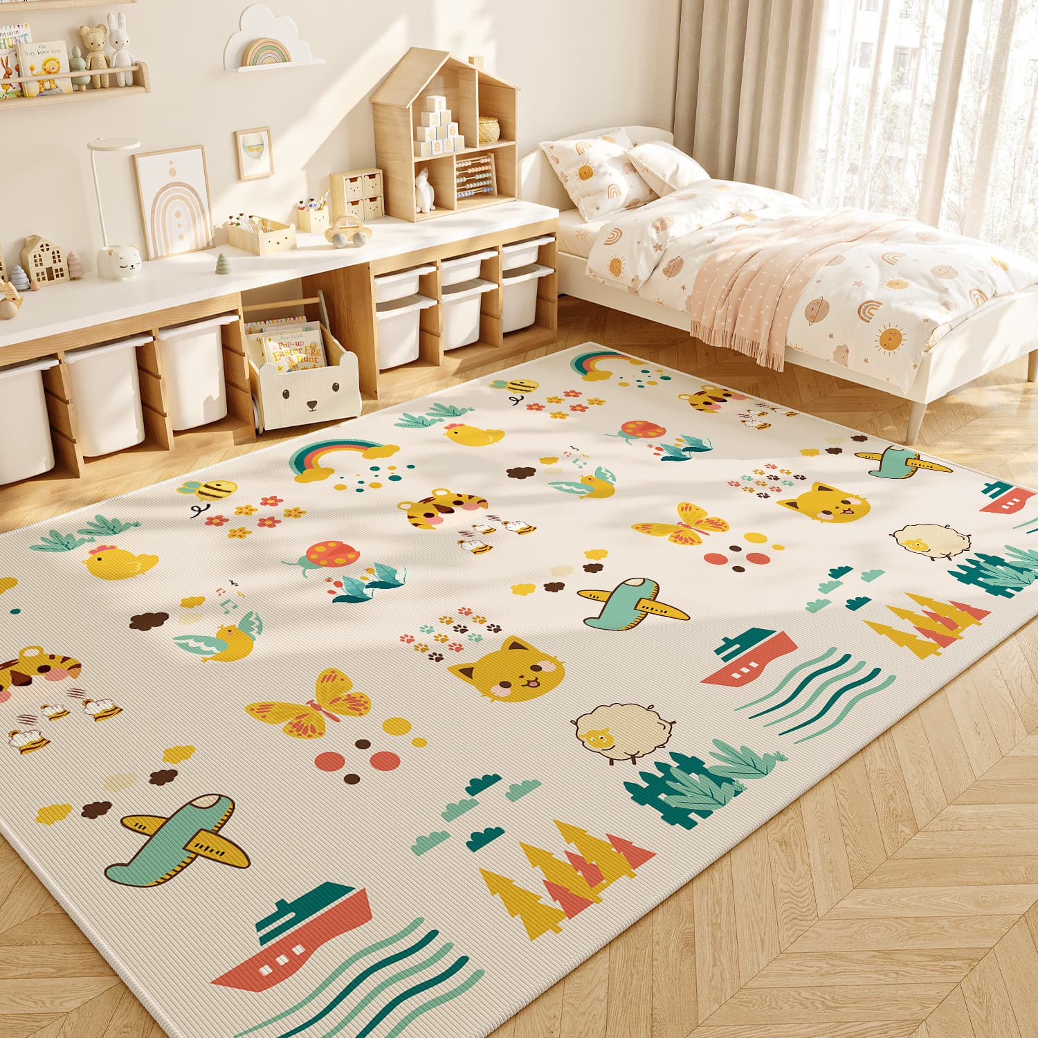 Cartoon Living Room Carpet for Kids Room, Baby Crawling Mat, Non-Slip, Easy Care, Full Coverage Reading Area Carpet