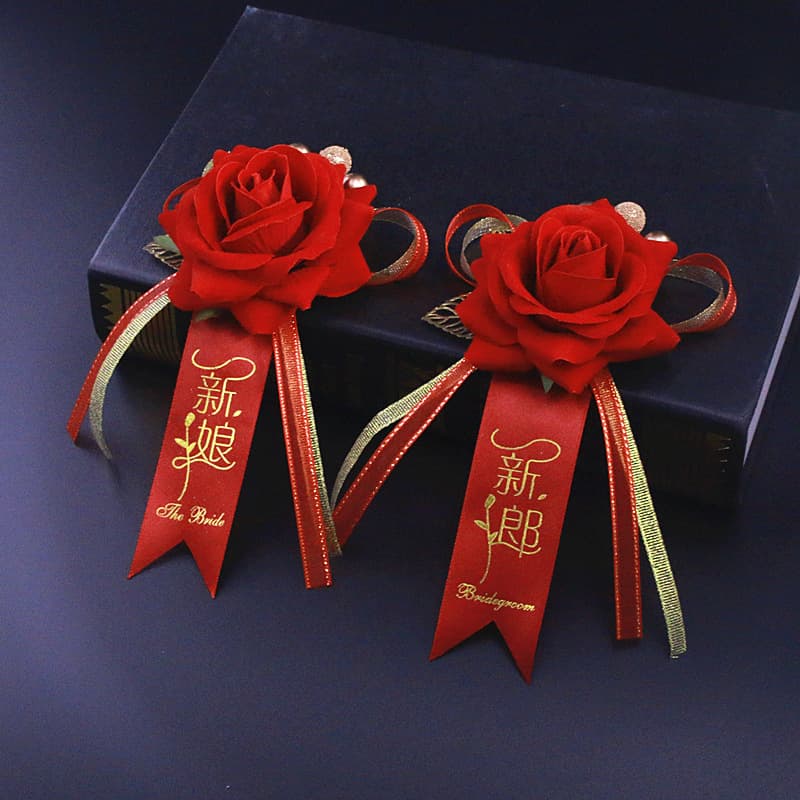 Burgundy big flower head rose bride and groom wedding flower simulation high-end brooch brooch wedding corsage wholesale