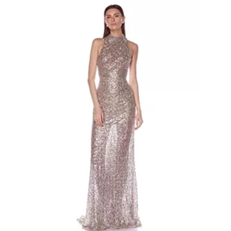 Evening dress new style halterneck high-end sequined dress women's light luxury temperament banquet shiny fishtail dress long skirt