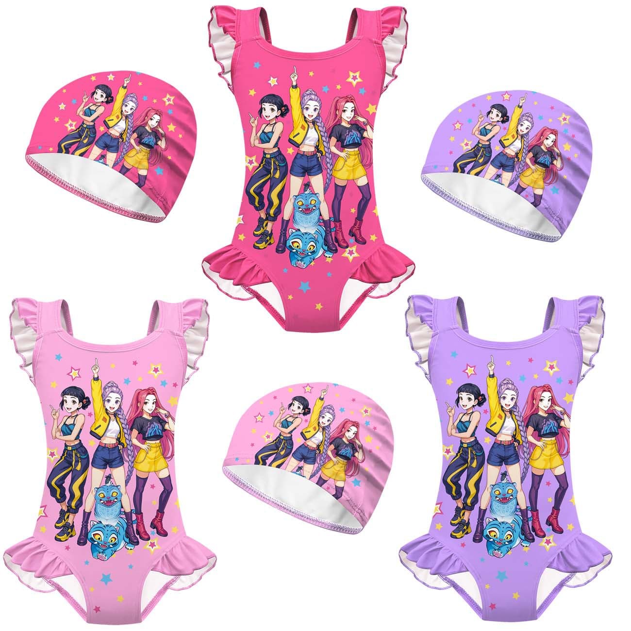 New children's swimsuit cosplay witcher group print girls one-piece lace swimsuit set 20726