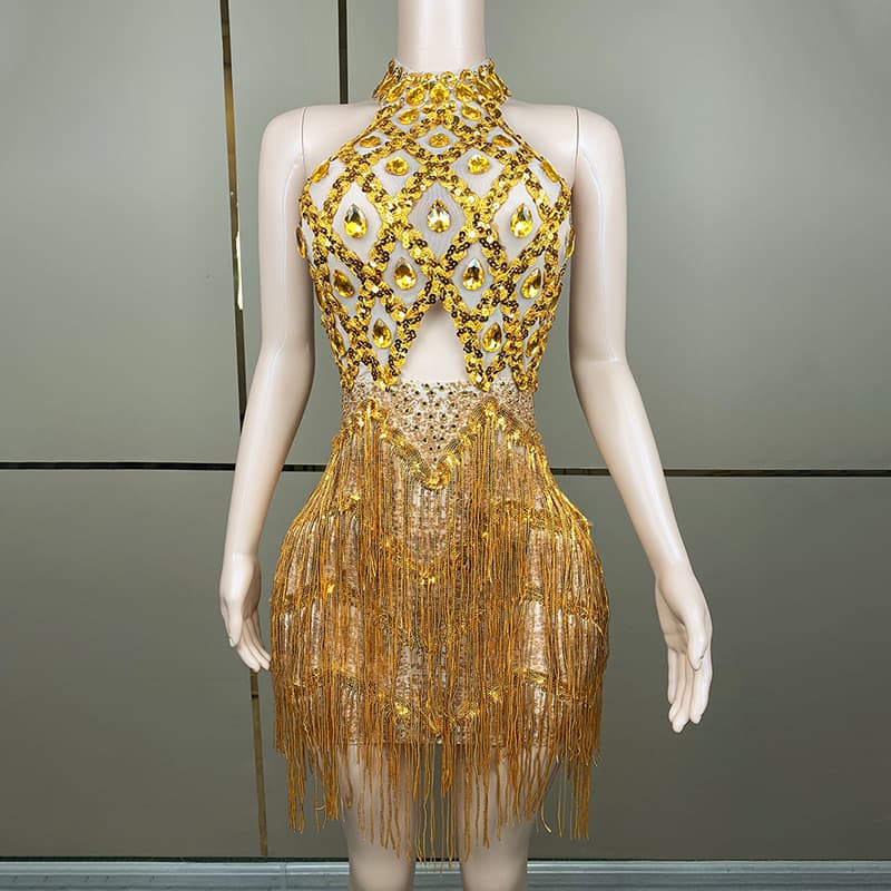 Cross-Border Female Singer Runway Rhinestone Fringe Stretchy Slimming Latin Dance Short Dress Stage Performance Sexy