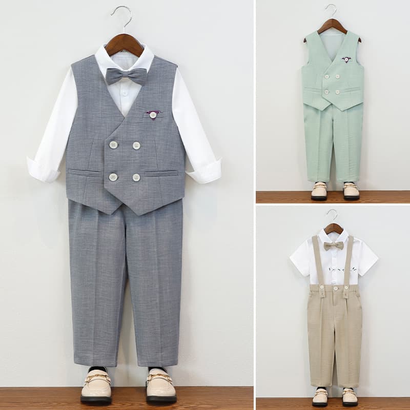 Boys' Formal Suit Kids Suit Flower Boy First Birthday Suit Boy Host Speech Piano Performance Outfit Suspenders Pants Set