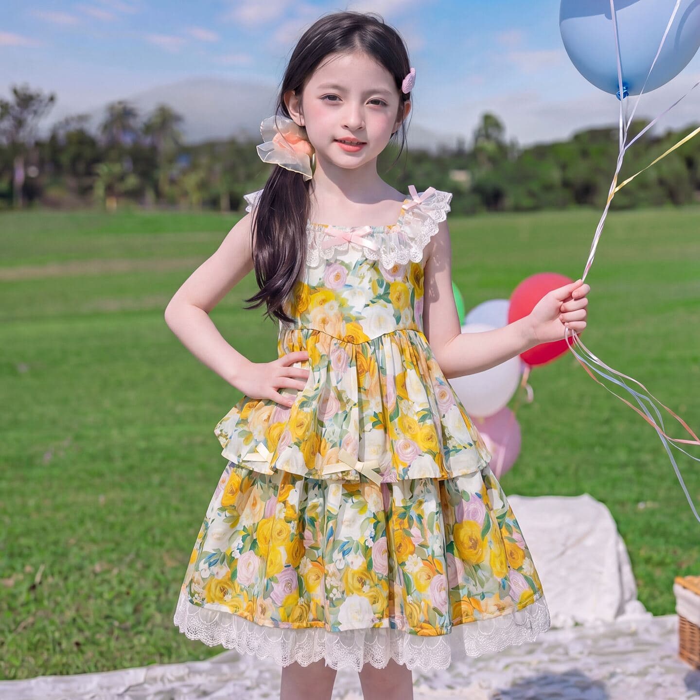 Girls floral dress summer dress 2026 new girl pastoral style lace princess dress baby girl dress
