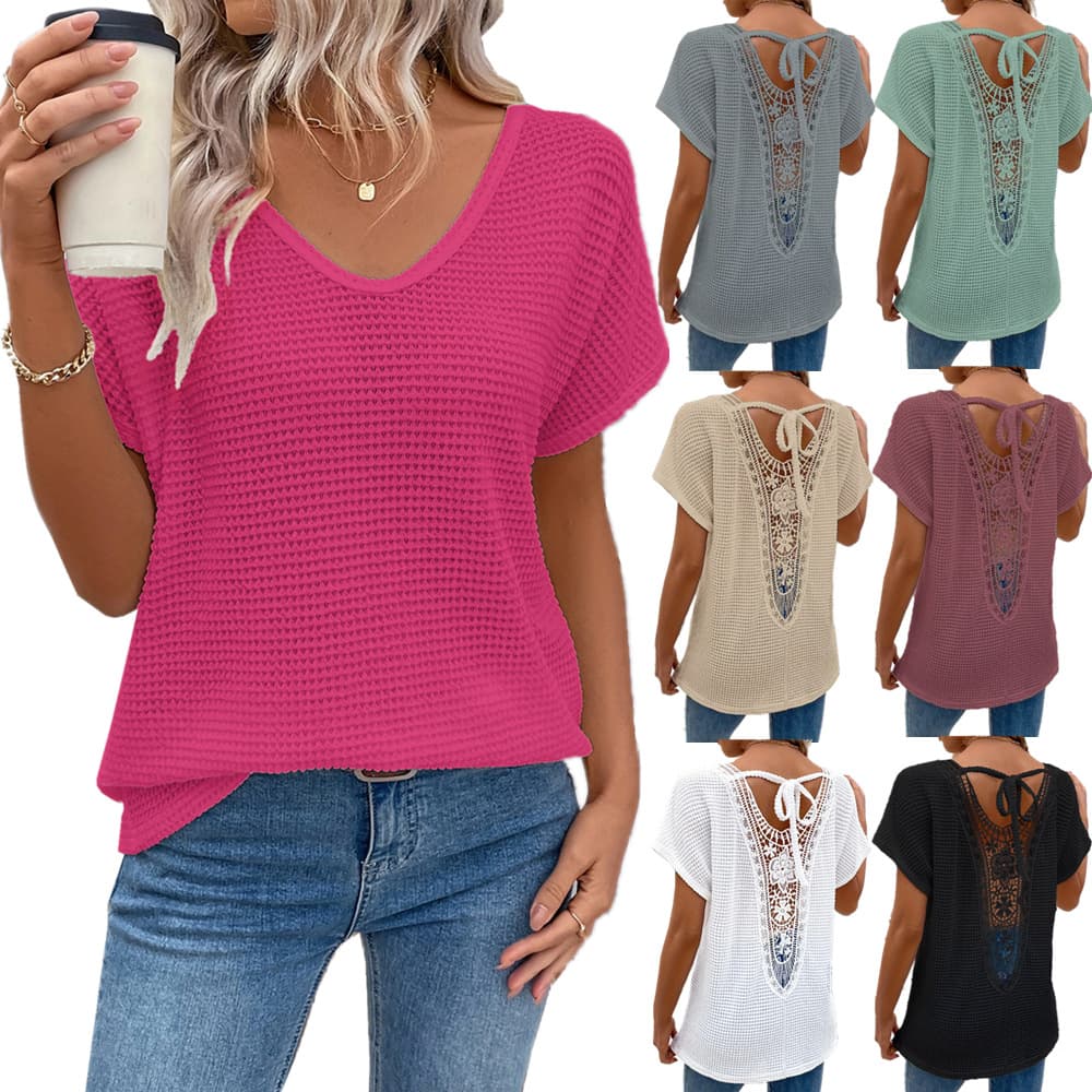 2025 Summer New Women's Lace-Up V-Neck Backless Short Sleeve T-Shirt Top for Amazon Cross-Border