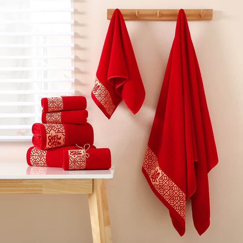Wedding Towel for Newlyweds, Pure Red Cotton Double Happiness Face Towel, Embroidered Logo Thickened Favor Handkerchief