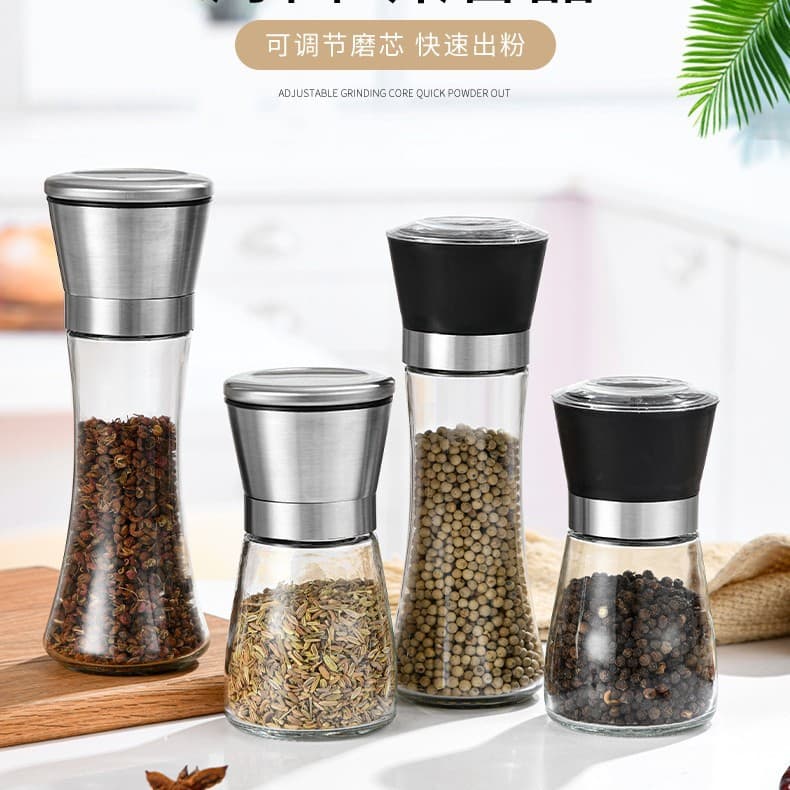 2Pcs Kitchen Pepper Grinder Rotating Manual Glass Spice Bottle Mill Stainless Steel Sea Salt Food Seasoning