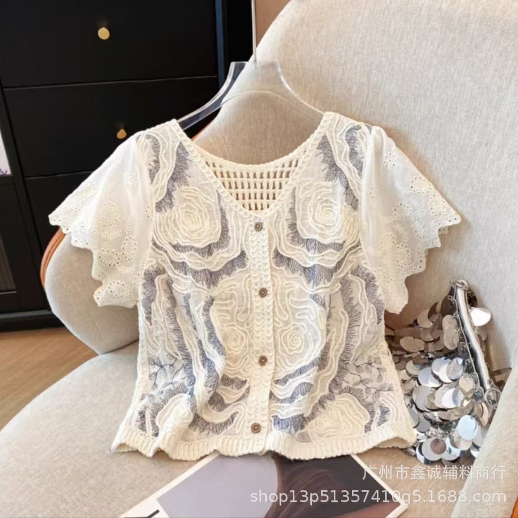 French Hook Flower Delicate Embroidery V-Neck Regular Sleeve Short Blouse for Women Summer Slimming Unique Beautiful Cardigan Top