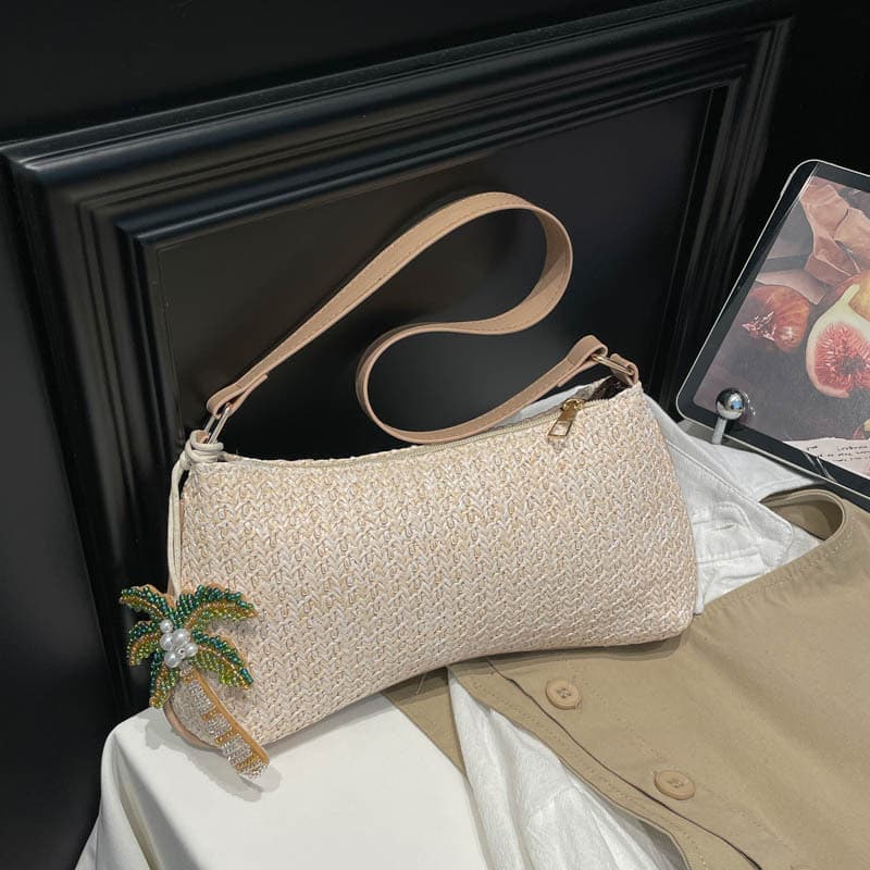 2026 Summer New Straw Woven Bag High-Appearance Chain-Decorated One-Shoulder Underarm Bag Beach Vacation Color-Block Small Crossbody Bag