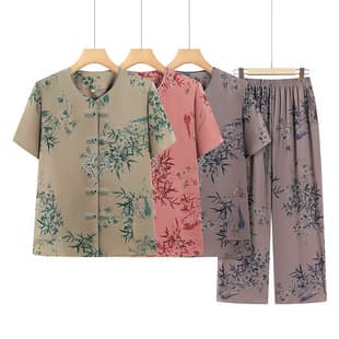 Summer Short Sleeve Set for Elderly Women, Two-Piece Grandma Outfit, Mother's Blouse and T-Shirt