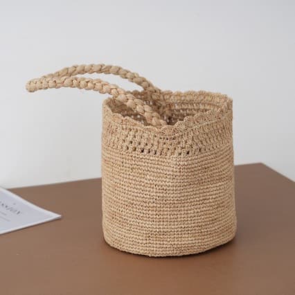 Korean-style French Vacation Hand-hooked Raffia Bucket Bag Hollow-out Woven Bag Seaside Casual Handbag Shoulder Bag
