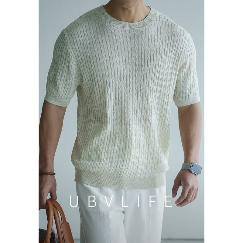 Linen Lyocell Blend Cable Knit 12-Gauge Short Sleeve Knit Top for Men 2026 Spring Casual Vacation Breathable T-Shirt