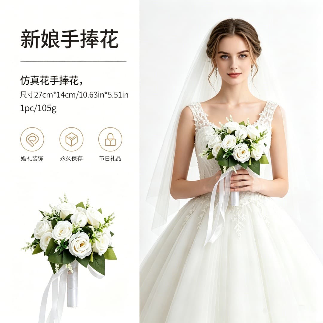 Cross-border bride's bouquet, Xiuhe dress, Chinese and Western style wedding simulation flower bouquet, wedding rose ball bouquet