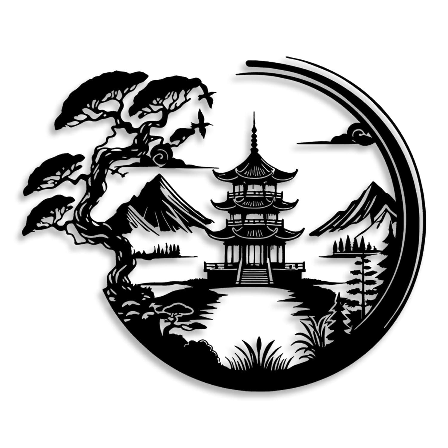 Bonsai Tree Torii Gate Metal Wall Decoration Ancient Pagoda Room Black Art Home Wall Decor