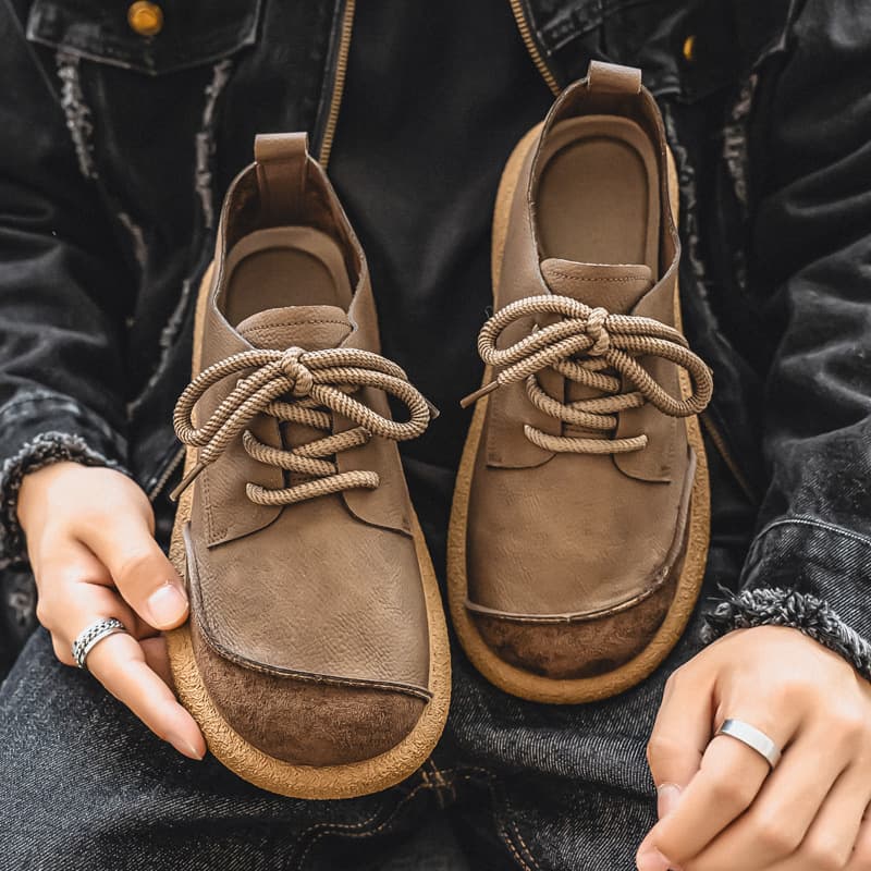 New Men's Leather Shoes Light Luxury Retro Trendy Round Toe Lace-Up Low-Heel Soft Sole Casual Shoes Versatile Fashion Shoes for Men