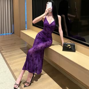 Purple Printed Sexy Camisole Deep V-Neck Pleated Dress, Elegant Slim Fit Bodycon Long Dress