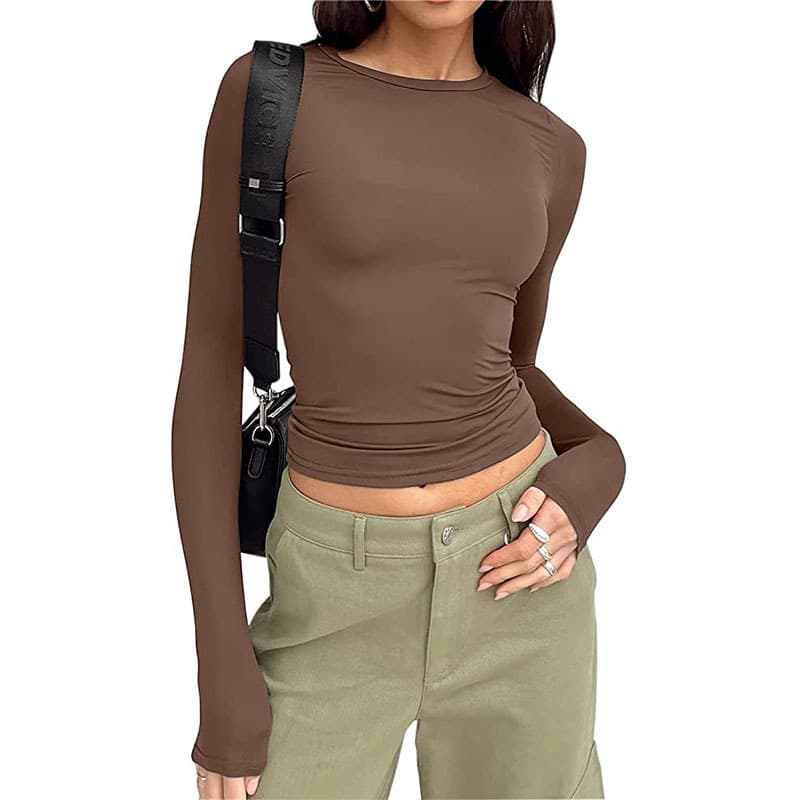 European and American Women's Casual Long Sleeve T-Shirt, Spring and Autumn Solid Color Slim Fit Pullover, Women's Streetwear Basic Top