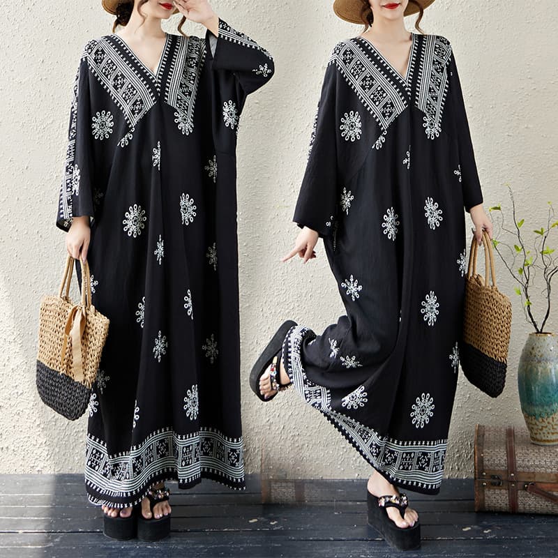 Bohemian Plus-Size Long-Sleeve Sun Protection Shirt Summer V-Neck 100kg Loose Floral Dress for Plus-Size Girls and Pregnant Women