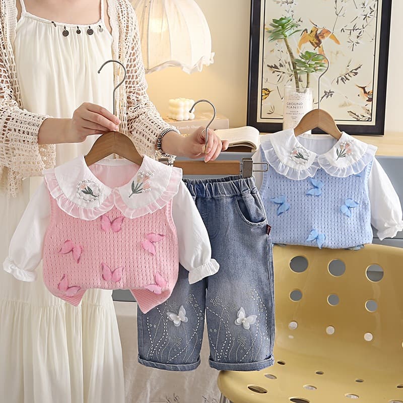 New Pants Girls Vest Sequins 2026 One-Year-Old Three-Piece Set Butterfly Stylish Sweater Baby Girl Fashion Spring Autumn